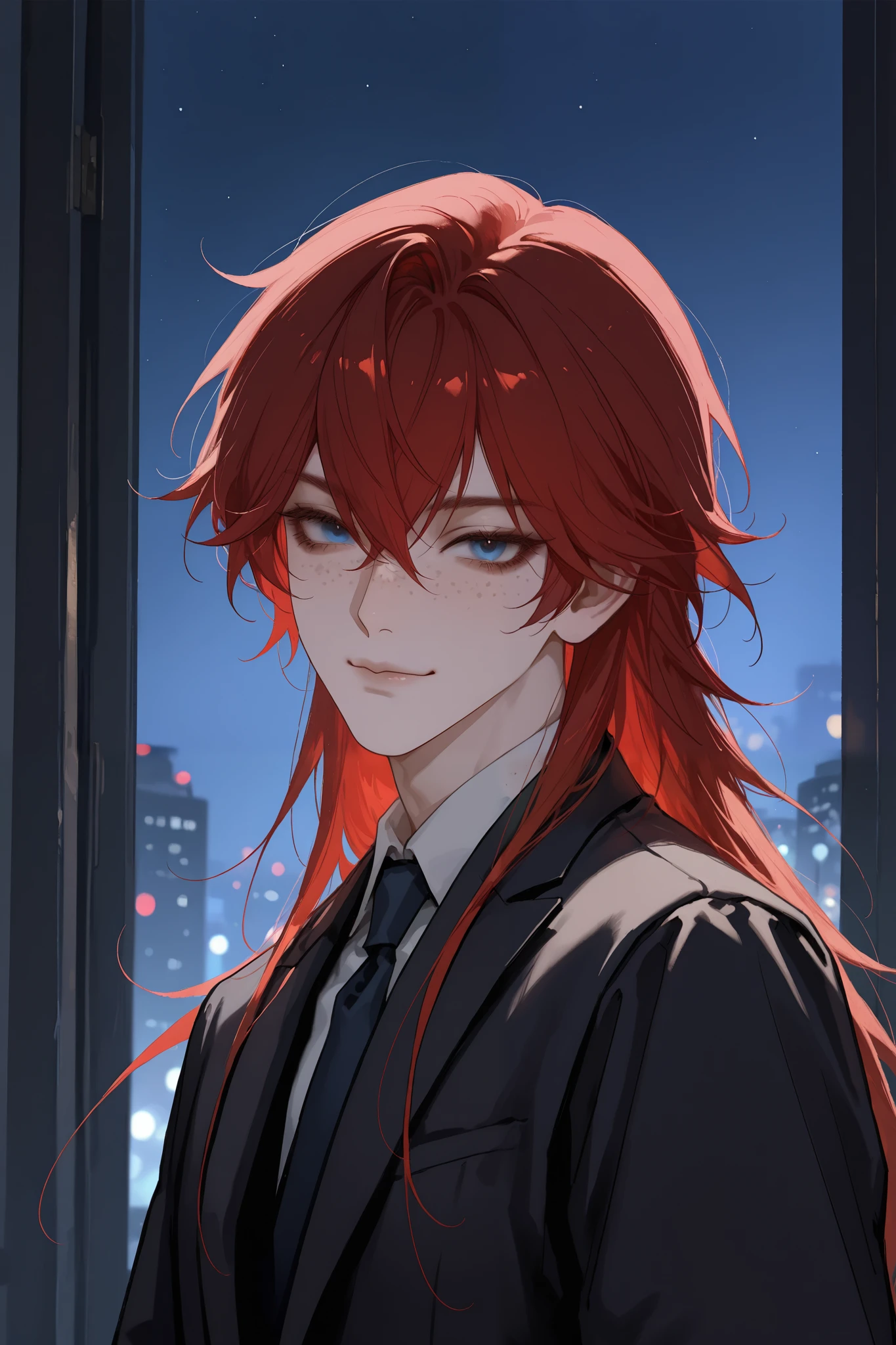 red hair, blue eyes, color, Masterpiece, better quality, very aesthetic, newest , absurdress, high resolution shoes,
yuyuhuadiao,
1 boy, One, shoulder length hair, male focus, black hair, black eyelashes, spread lips, in my arms looks at the viewer, sloppy face bangs, blue eyes, very detailed face, very detailed background, very detailed dynamic face pose, small smile, freckles, Cute, Night, Night light, male, black suit, Without glasses, plump lips