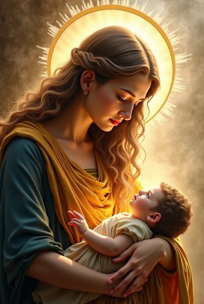 masterpiece, woman and child, holy virgin mary with little boy in her arms, ((halo over head)), smiling, heavenly sky, half body, ((divine light)), ethereal, clouds, back lighting, realistic portrait, symmetrical, strong, intricate drawing, highly detailed, digital painting, art station, concept art, fluid, sharp focus, illustration, against heaven's gate, cinematic lighting, works by artgerm and greg rutkowski and alphonse mucha