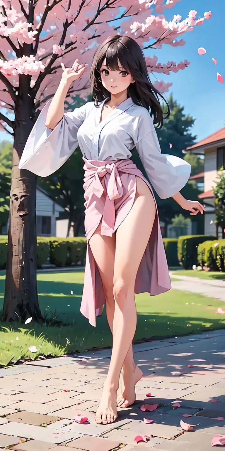 16 year old pre-teen, Finnish, blonde, long hair, small breasts, big eyes, long legs, close-up on thighs, gray sweatshirt, pink panties, high heel sandals, park background, crossing a wooden bridge at the lake, trees, cherry blossom, sunrise, light through fabric, (realistic, photorealistic: 1.37), specular light, ray tracing, HDR