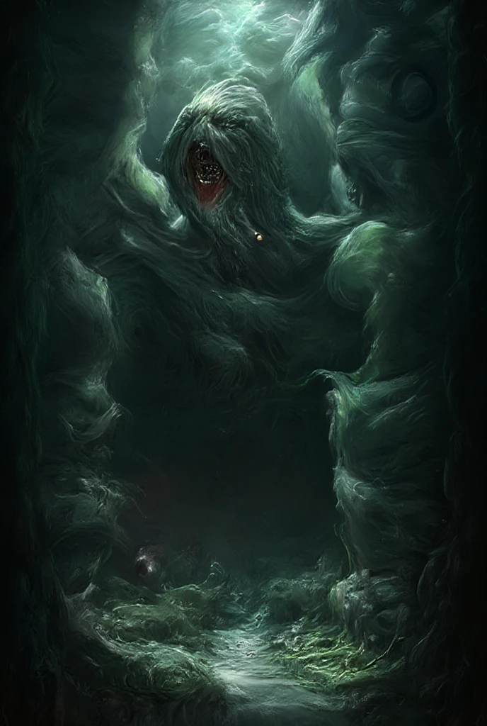 Create an abstract, surreal illustration of a monstrous, glowing creature with large, terrified eyes and a wide, gaping mouth. The creature should appear as if it's emerging from or being consumed by a swirling, dark abyss, with fluid, organic tendrils extending from its body. The color palette should focus on eerie shades of green and blue, with a glowing effect that highlights the creature's eyes and mouth. The overall mood should be one of intense fear and surreal horror."