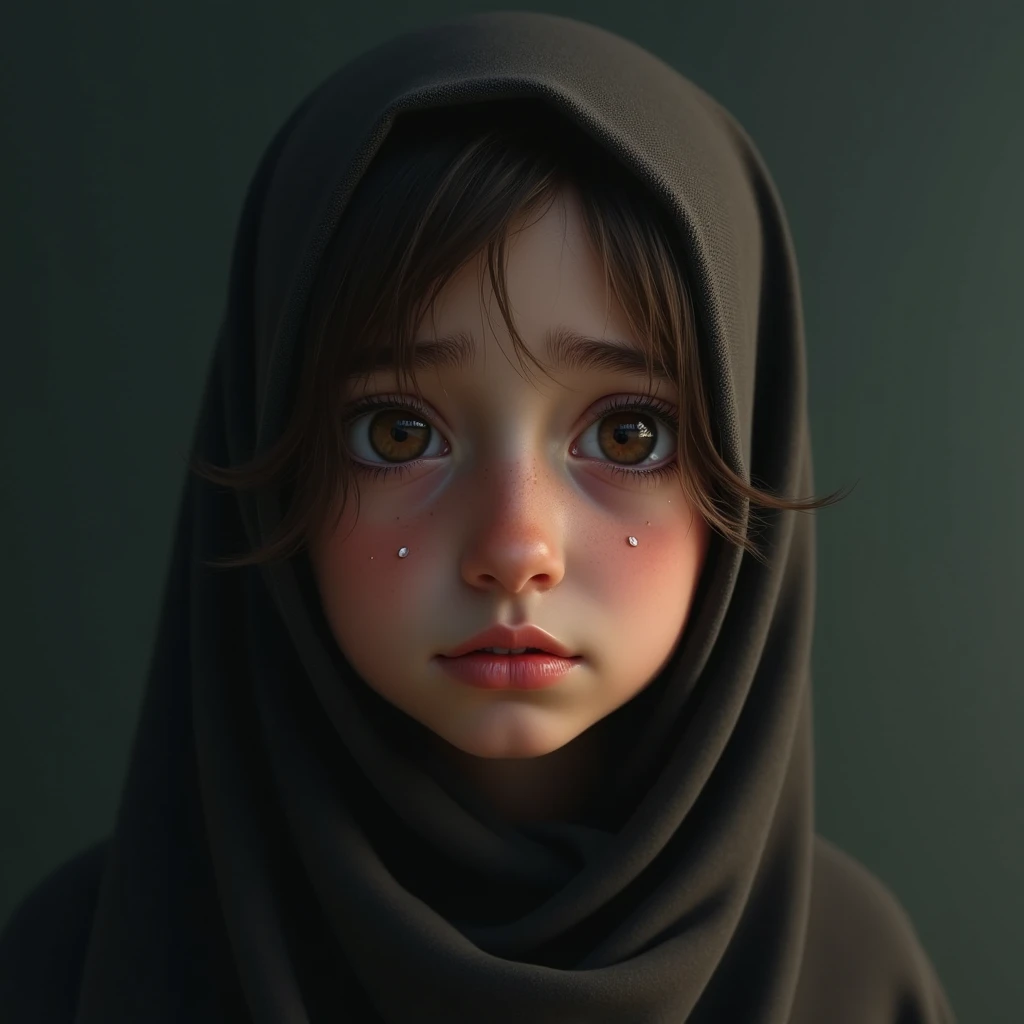 (photorealism:1.2), portrait of a young afghan muslim woman wearing hijab, abaya, no chin dimple, sad looking, looking at camera, frontal view, standing streight, UHD, 4K, very high detail, hyperrealistic