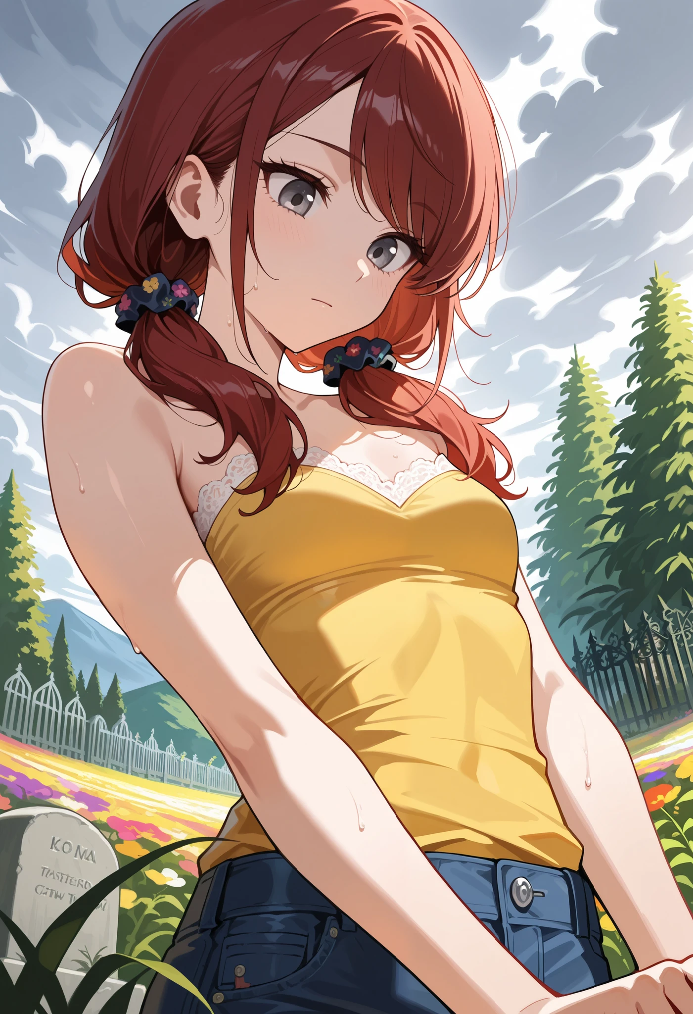 Anime girl with red hair and yellow top holding a knife - SeaArt AI