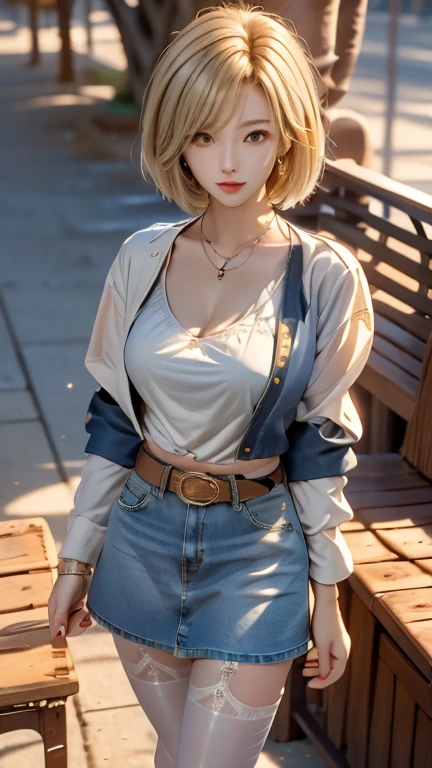 Android 18, Blonde hair, blue eyes, eyelash, Hoop Earrings, short hair, Earring straps, Pantyhose, Collar,shirt, 胸pocket, clavicle, denim, denim skirt, Cowboy shooting,ハイウエストskirt, Jewelry, Long sleeve, pocket, shirt, shirt tucked in, skirt, Striped, Striped sleeves, Vest,The right move,Japanese Attractions Background