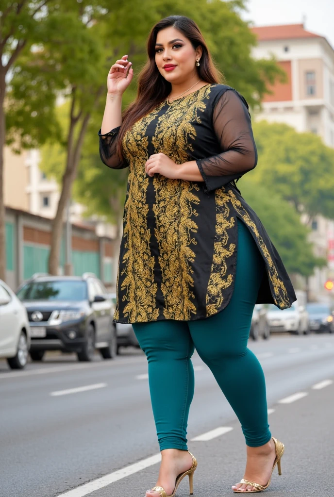 1 chinese-Indonesian girl, modern plain hijab, shy, medium portrait, watery eyes, wearing blue dark green kebaya, ((big breasts)), black bokeh background, well-proportioned body,, chubby massive thighs, full body pose, Hena art on the body, hena art on arms, full body view , wearing red sneakers , fat legs