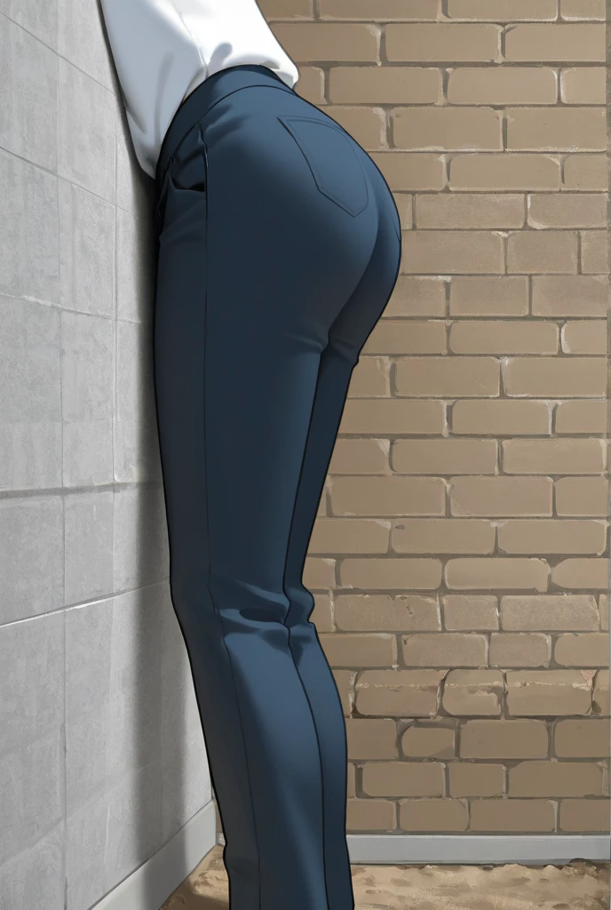 A woman in the room with many tiny snakes, wearing hijab, white shirt, pull down her sagging jeans, panties accidentally exposed, handcuffed on her head, view from behind
