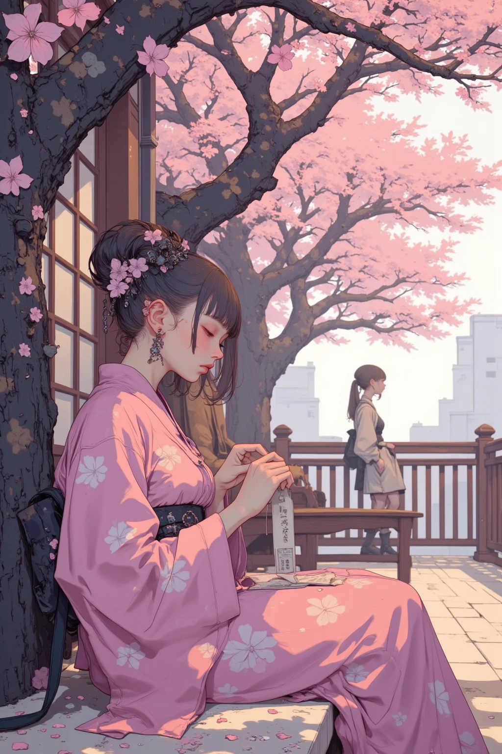 A gentle Japanese woman wearing a pink kimono with a soft cherry blossom pattern sits on the veranda、folding delicate origami cherry blossoms, around her 、real cherry blossom petals and cherry blossom petals made of origami dance gracefully through the air,Fusion of reality and art,veranda of a traditional Japanese house,Spring sunlight shining in illuminates scattered paper flowers,A quiet and serene spring atmosphere,着物の女の子のanimeシーン、 Atty Gailan 8k 、 Sunlight Shining Through Between Diatay Gailan ,Lofi Art,カラフルなanimeの映画の風景,tree々Sunlight shining through  , lo-fi girl 、anime、桜のtree,Sakura Fubuki,where cherry blossom petals fall like crumbling,cherry blossom petals dance,low angle,look up, 