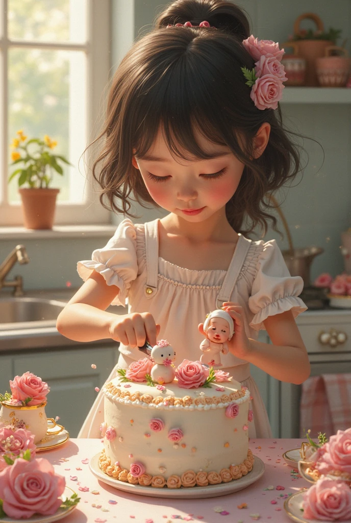 Photo realistic:1.4, Realistic:1.2, Realistic face and eyes:1.5, Realistic skin:1.3, Surreal photo, Surreal, One Japanese girl, , cute, Adorable, Flower-side one-piece dress, A cake on a large ceramic plate, The cake is taller than her., cake:1.4, She is sitting on the edge of the plate, From above:1.4, UHD, masterpiece, anatomically correct, textured skin, super detail, high details, high quality, best quality