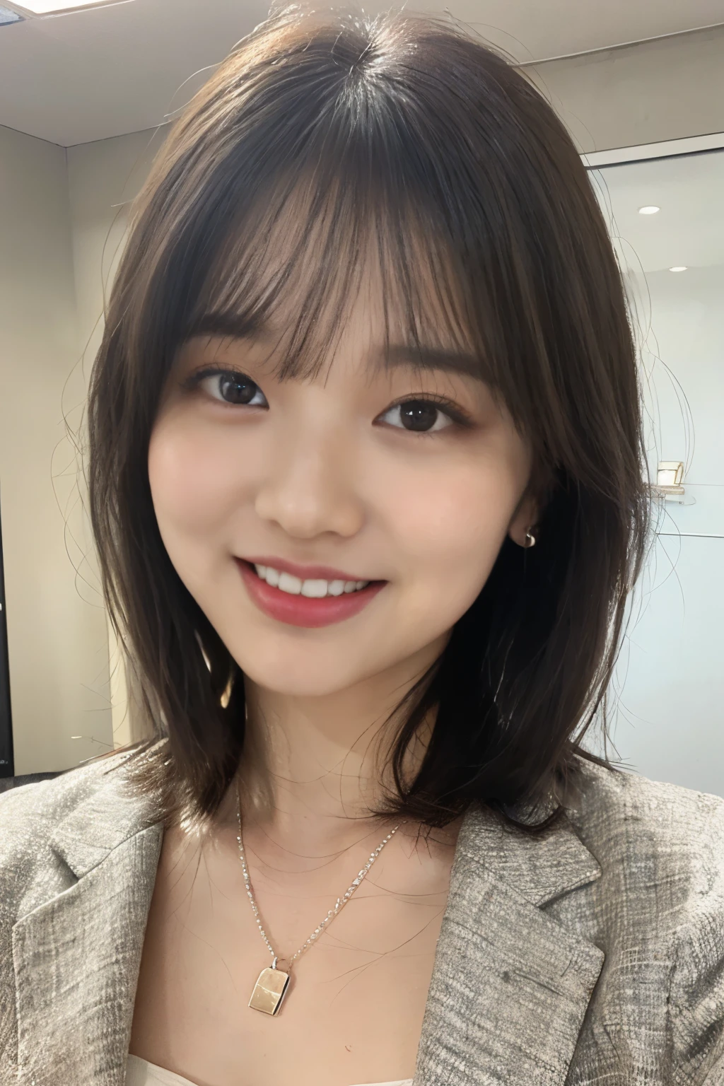 Raw photo, Highest Quality,(masutepiece:1.0), Professional Photography, High resolution, hyperdetails, photorealistic, Best Quality, extremely delicate and beautiful illustration, (One girl), alone, Perfect Anatomy, (short-hair:1.2), blunt bangs, , japanese young girl, sixteen years old, a baby face、Incredibly beautiful Japan girls,、 pale brown hair、、ear piercings、necklace、beautiful detailed background, , (In the in-house conference room:1.3)、( (Gray business suit、Grey jacket、white shirt、 Shy laughter,