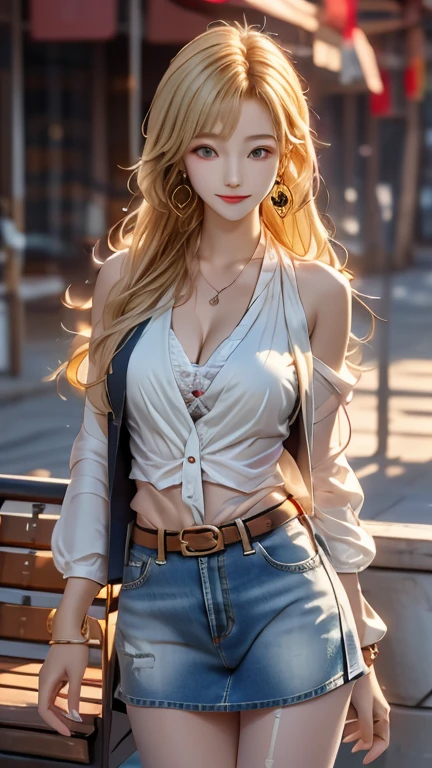22 year old Caucasian female、hair color is blonde、blue eyes、Long Hair、Straight hair、Wrist Accessories、I'チョーカーをつけているI、The skin is smooth、Laughter、A slim but muscular body、My heart is pounding、Laughter、Wearing a skater dress、Wearing red high heels、I'Sitting on the city steps, Place your chin on your chin、Grin((A light smile ))