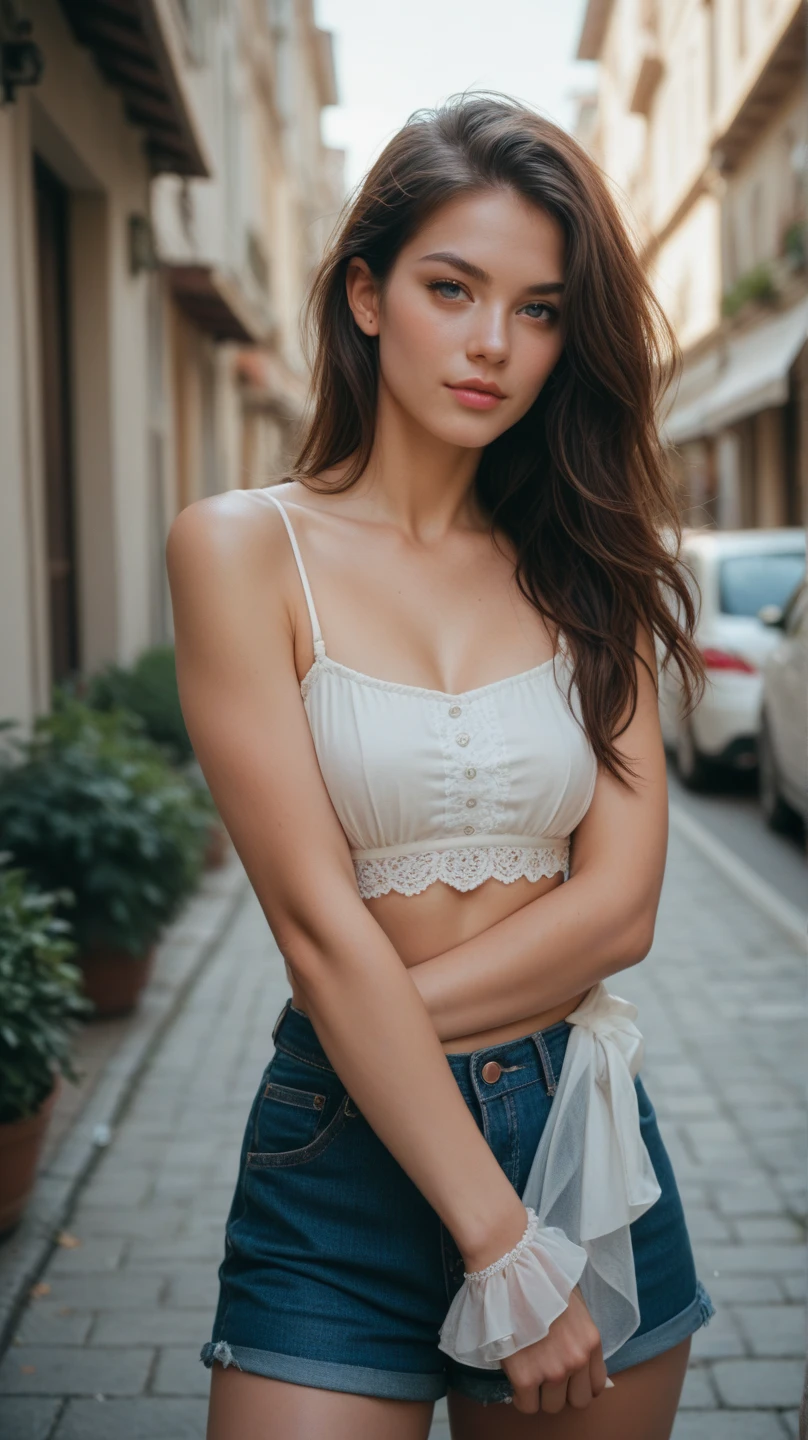 photography of a stunning girl, wearing a miniskirt, enjoying, girl, summer, hot girl, (((medium bust))), brunette hair, long_hair, looks into the camera, symmetrical face, photorealistic, photography, spectacular lighting,, gorgeous, cleavage, western, (masterpice), best quality, high resolution, extremely detailed, skin with pores, blurred background, depth of field, cinematic lighting