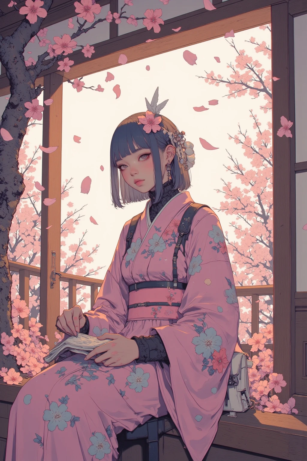 A gentle Japanese woman wearing a pink kimono with a soft cherry blossom pattern sits on the veranda、folding delicate origami cherry blossoms, around her 、real cherry blossom petals and cherry blossom petals made of origami dance gracefully through the air,Fusion of reality and art,veranda of a traditional Japanese house,Spring sunlight shining in illuminates scattered paper flowers,A quiet and serene spring atmosphere,着物の女の子のanimeシーン、 Atty Gailan 8k 、 Sunlight Shining Through Between Diatay Gailan ,Lofi Art,カラフルなanimeの映画の風景,tree々Sunlight shining through  , lo-fi girl 、anime、桜のtree,Sakura Fubuki,where cherry blossom petals fall like crumbling,cherry blossom petals dance,low angle,look up, 
