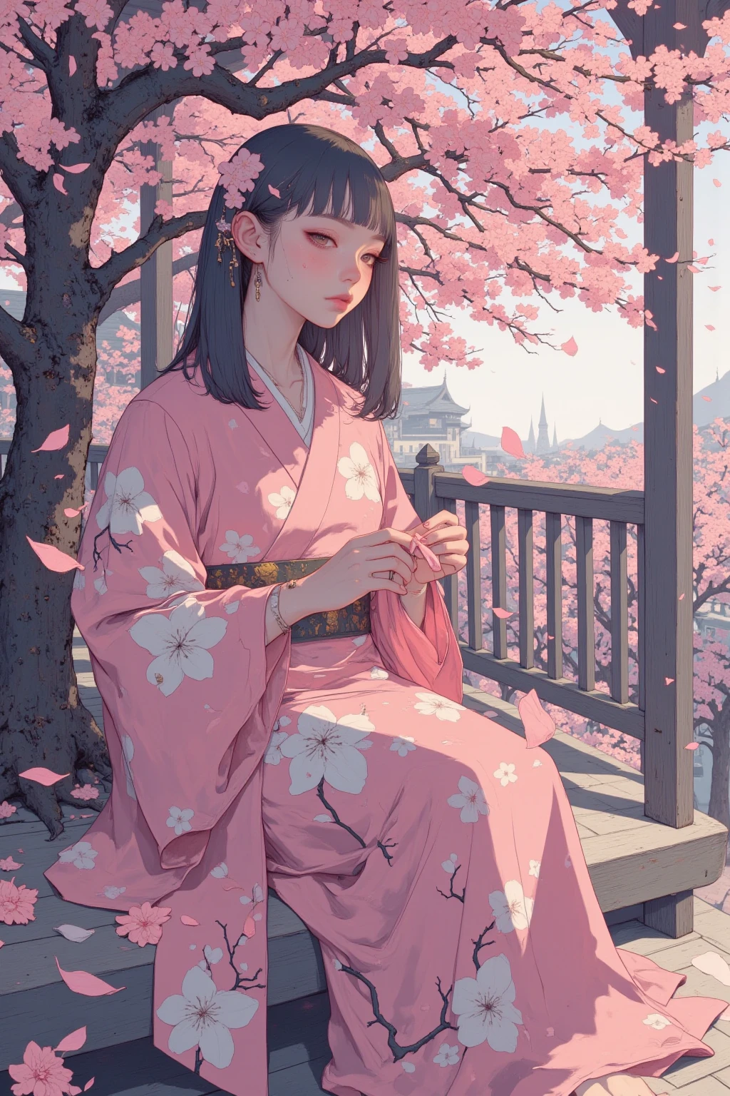 A gentle Japanese woman wearing a pink kimono with a soft cherry blossom pattern sits on the veranda、folding delicate origami cherry blossoms, around her 、real cherry blossom petals and cherry blossom petals made of origami dance gracefully through the air,Fusion of reality and art,veranda of a traditional Japanese house,Spring sunlight shining in illuminates scattered paper flowers,A quiet and serene spring atmosphere,着物の女の子のanimeシーン、 Atty Gailan 8k 、 Sunlight Shining Through Between Diatay Gailan ,Lofi Art,カラフルなanimeの映画の風景,tree々Sunlight shining through  , lo-fi girl 、anime、桜のtree,Sakura Fubuki,where cherry blossom petals fall like crumbling,cherry blossom petals dance,low angle,look up, 