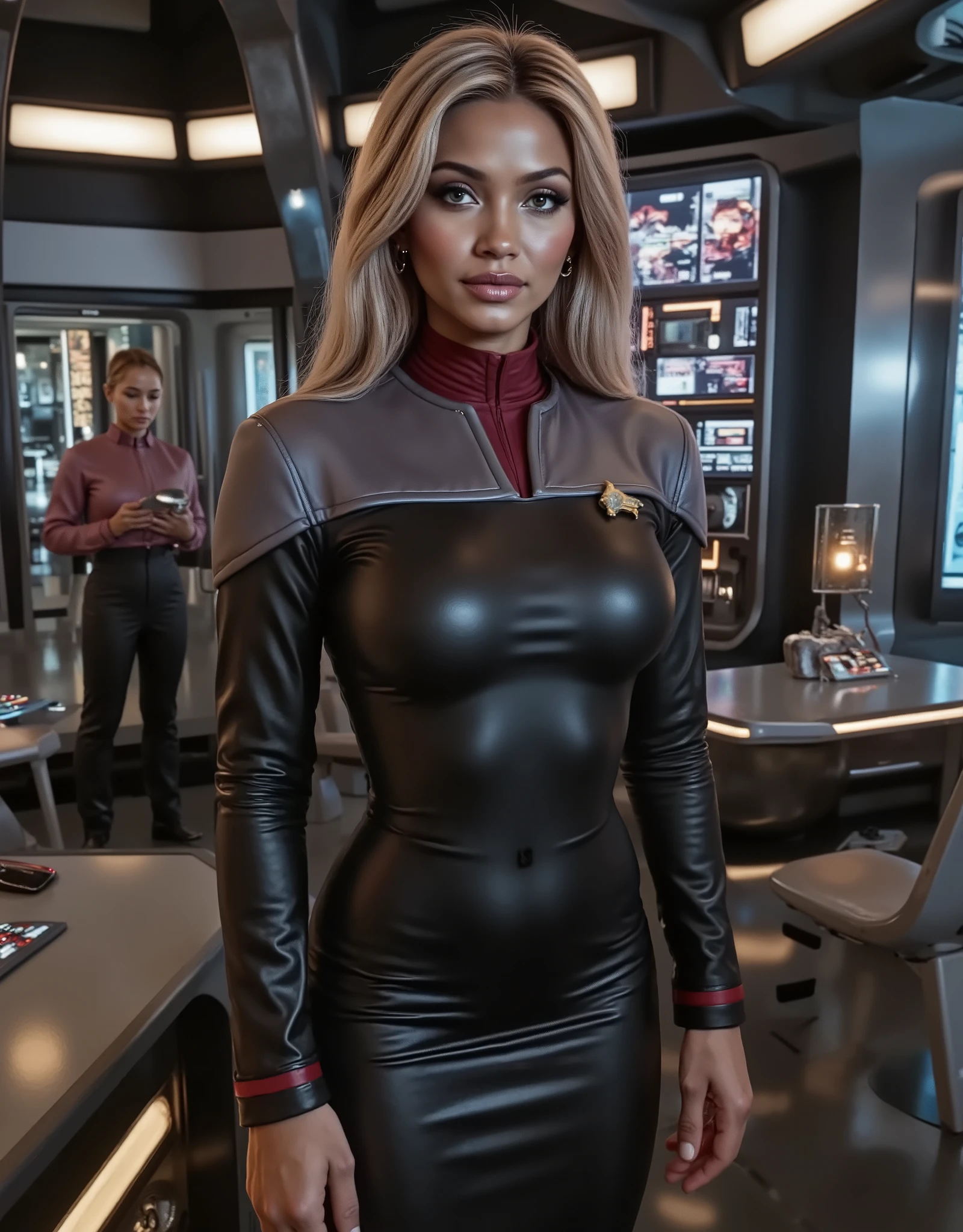 Star Trek, Starfleet commander, black leather DS9 uniform with gray shoulders and red collar, Powerful , Female, On the bridge of the USS Enterprise