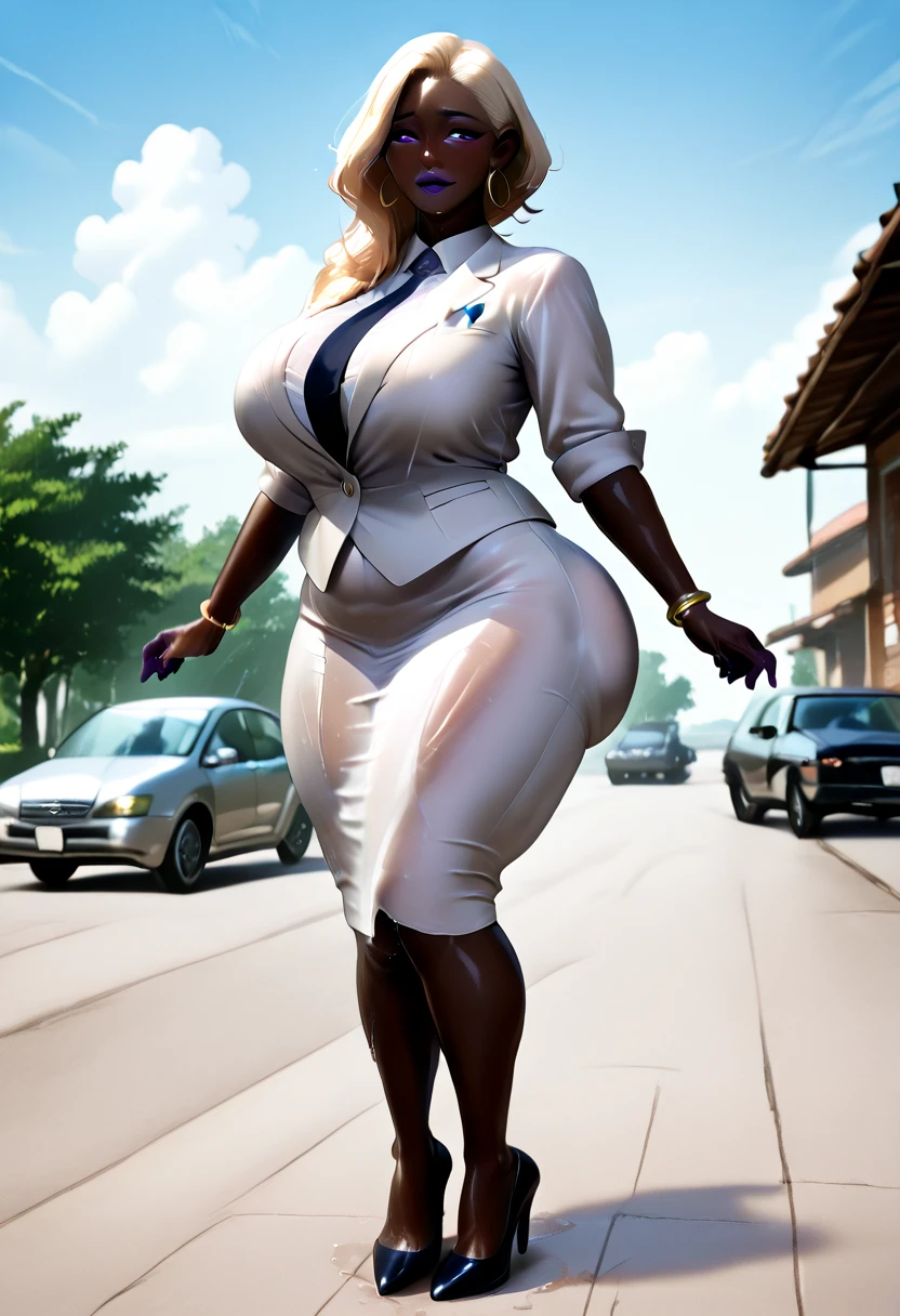 (extremely detailed CG unity 8k wallpaper:1.5),<(masterpiece:1.5), (best quality:1.7), high resolution illustration, (finely detailed eyes and detailed face:1.3), (detail:1.3, best quality, (ultra-detailed), (an extremely delicate and beautiful), (illustration), (painting),(masterpiece:1.5),cinematic light,dynamic angle,floating,sharp focus,(2d:1.7), (best quality:1.3),(illustration:1.1),((disheveled hair:1.2),(beautiful detailed eyes:1.1),(cinematic light:1.1), beautiful (40 year old) African woman, ((wearing henley buttoned-up blazer-suit and long pencil-skirt)), on pier, outdoor, curvy body type, voluptuous body type, curvy body type, thick body type, big chest, big , (full_body),