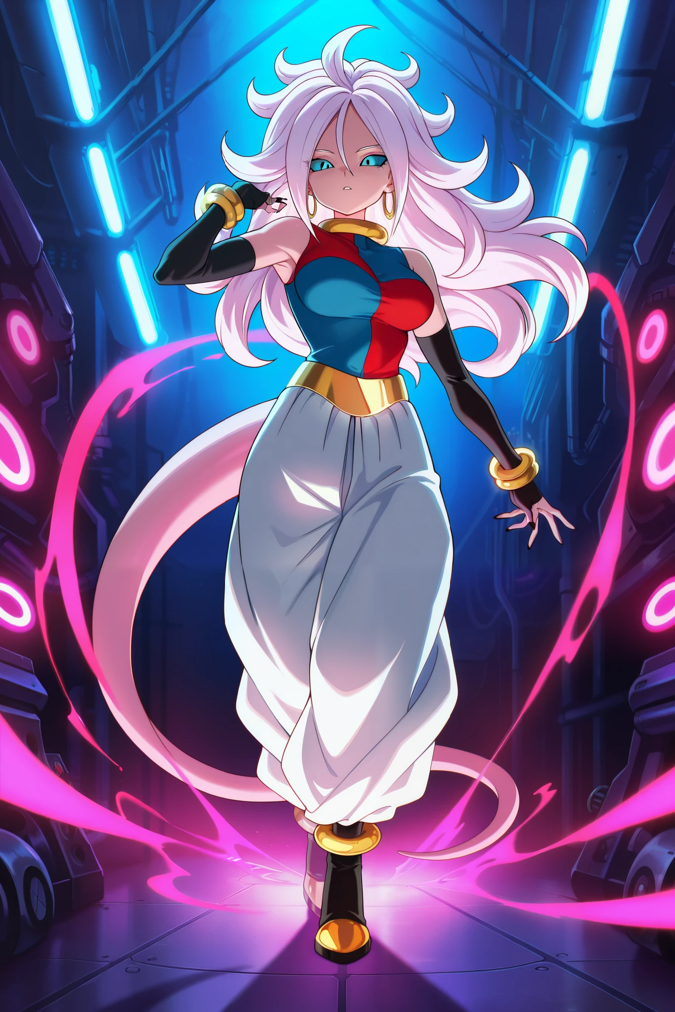 masterpiece, best quality, amazing quality,very aesthetic, absurdres, newest, anime screencap, android 21, dynamic pose, intricate facial features, expressive eyes, lifelike skin textures, flowing hair, sci-fi machinery, neon lighting, dramatic shadows, cinematic atmosphere, 8K, ultra-detailed, vibrant colors, studio lighting, physically-based rendering