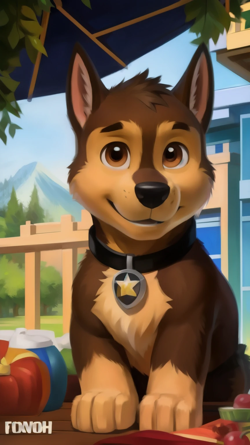 Chase smirks., showing your body to the viewer from the viewer's point of view, detailed fluffy fur texture, impasto impressionism , (by foxovh, Ross Tran, Mikhail Garmash , Pino Daeni, A SPARK), detailed eyes , highly detailed pupils , One, fluffy, antro, chase-pp, domestic dog, male, brown eye , brown wool , light brown body, fur body, detailed fluffy fur texture, curved, 1 boy , muscular, detailed muscles, large and large pectoral muscles