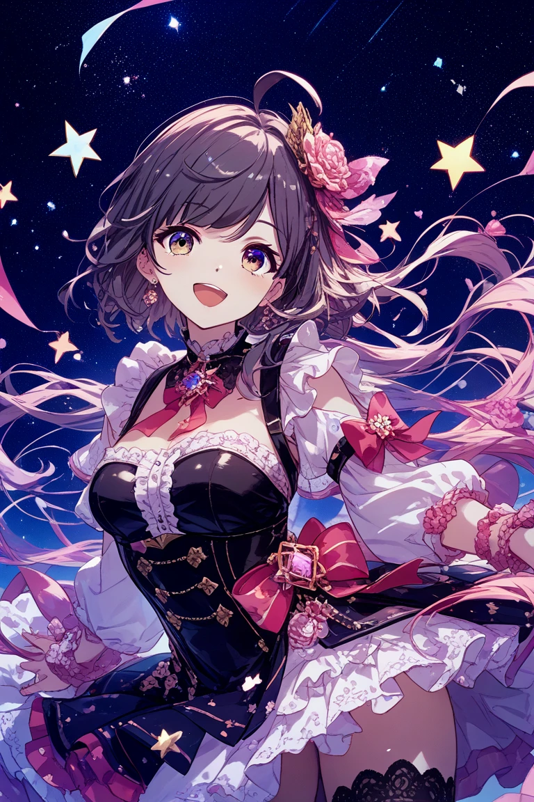 Detailed background, masutepiece, Best Quality, 1 person , Curly hair, Long hair, Purple eyes, Stars in the eyes , Strapless blouse, long  skirt、huge-breasted