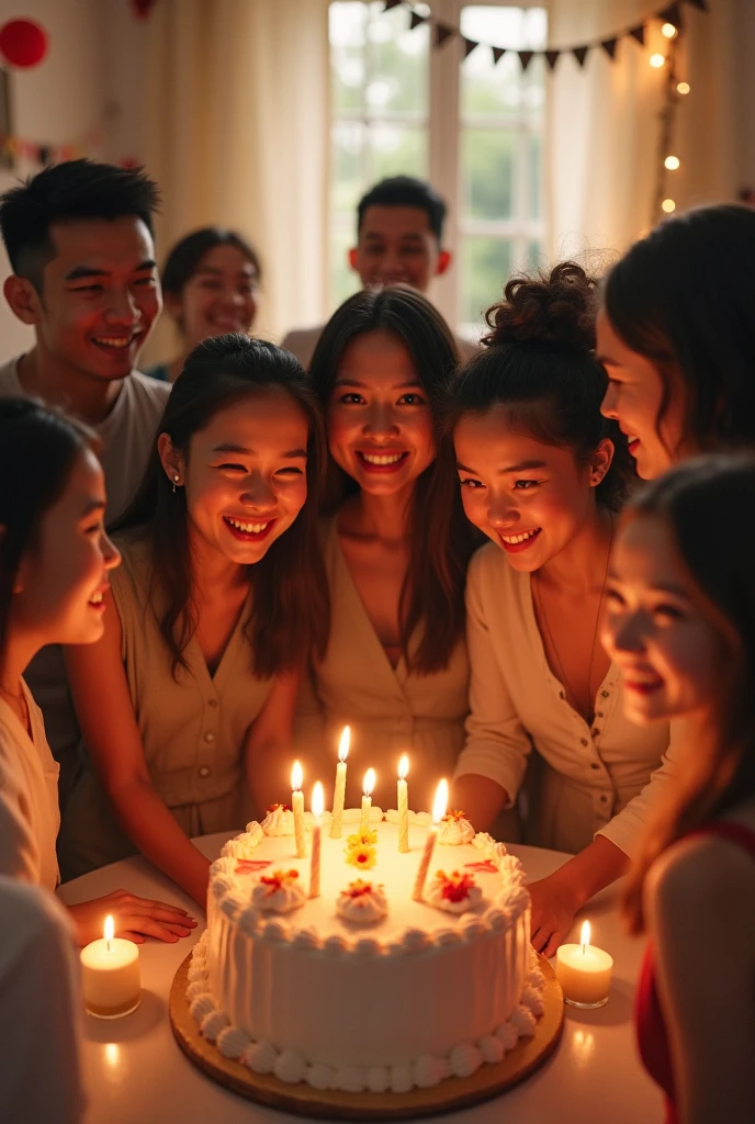 The beautiful young face women cut chocolate cake ( use knife ) on the cake 20 number candle. and she's face full of happiness and she's holding a big flower bouquet and she waring black frock with full sleeve and covered nack.and with she's family also there big brother (26 years old)Waring ( pink t shirt and black shorts ) and mother covered his hair with shawl (4 ) waring (blue frock ) and big muslim sister (2) waring a ( green frock) and another brother (2 ) waring a ( dark purple t shirt and denim ) and nine years old brother waring a ( Brown t shirt and blsck shorts)and she's face dress she's in a dark room with some warm yellow light.