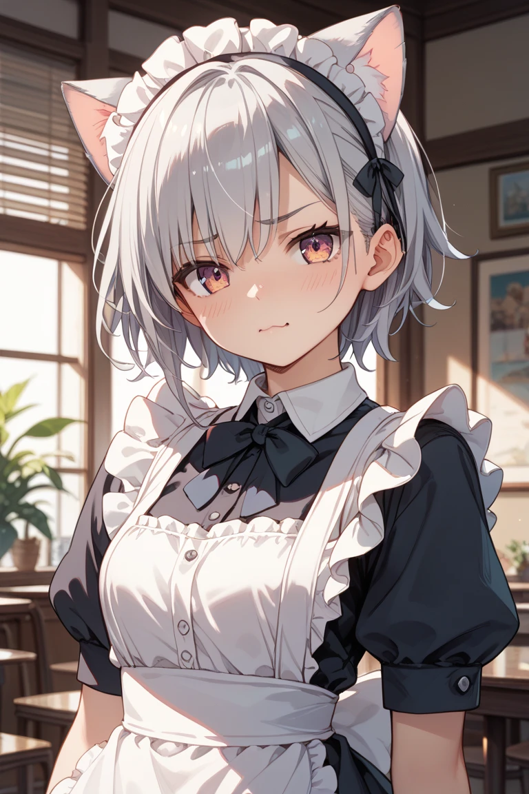 (highest quality:1.2, Very detailed, up to date, Vibrant, Ultra-high resolution, High Contrast, masterpiece:1.2, highest quality, Best aesthetics), Portraiture、girl、singer, solo, ((25-years-old:1)), Bright colors, Beautiful fine details、Beautiful lip detail、medium wave hair、red and white ((streaked hair:1.6)), highlights hair: 1.5, red eyes, slim body, medium breast, (tan skin:1.1), (Floral Fineline tattoo design on left arm:1), Japanese sexy Maid costume, cat ears, ((cat whiskers:1.5)), cat makeup, in Maid Cafe, ((leaning forward:1)), cowboy shot,