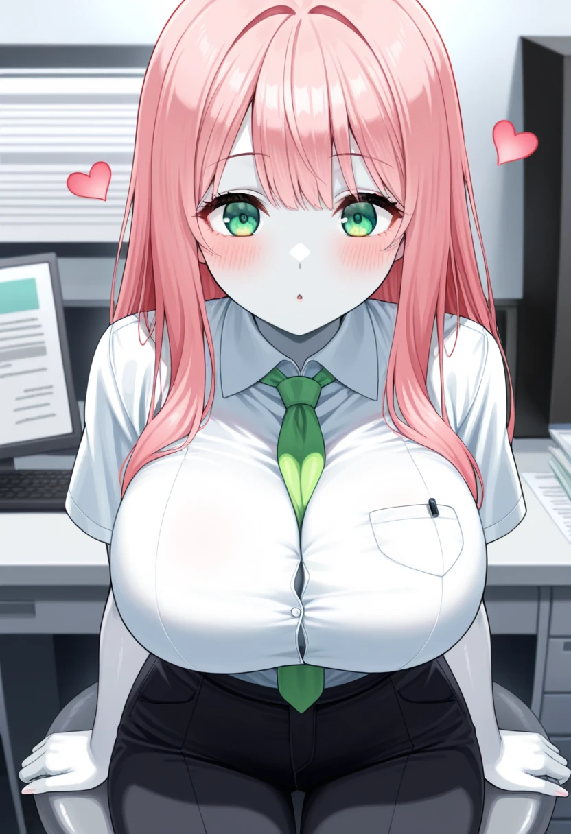 ((masterpiece, best quality)), (1girl),((mature female)), lightpink hair, halo, horn, ((office lady )),bangs,middle breast,(busty),slim,smile, [wide hips],office,standing, aru \(blue archive\),