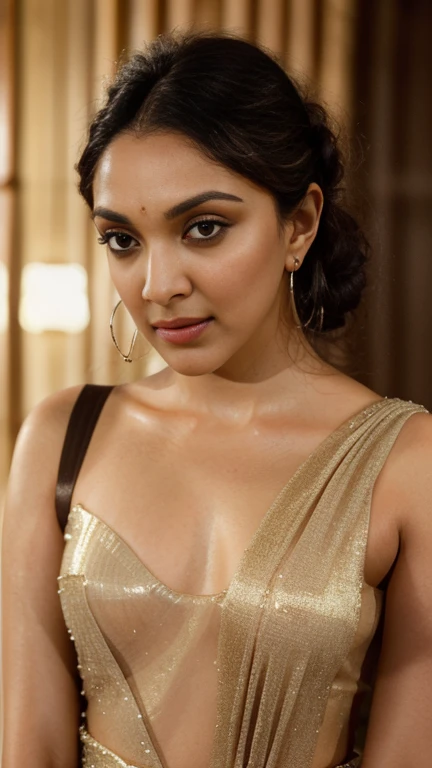 Looks like Anushka Shetty, a photo portrait of a beautiful girl 40 years old, with curls, styled black hair, (face portrait:1.5), dramatic light, Rembrandt lighting scheme, bust shot, linen tank top , top quality editorial photograph, skin texture, skin pores, chocolate skin, high quality skin, top quality photography, professional photography, professional retouching, insane detailing, warm moody tones, modern clothes,