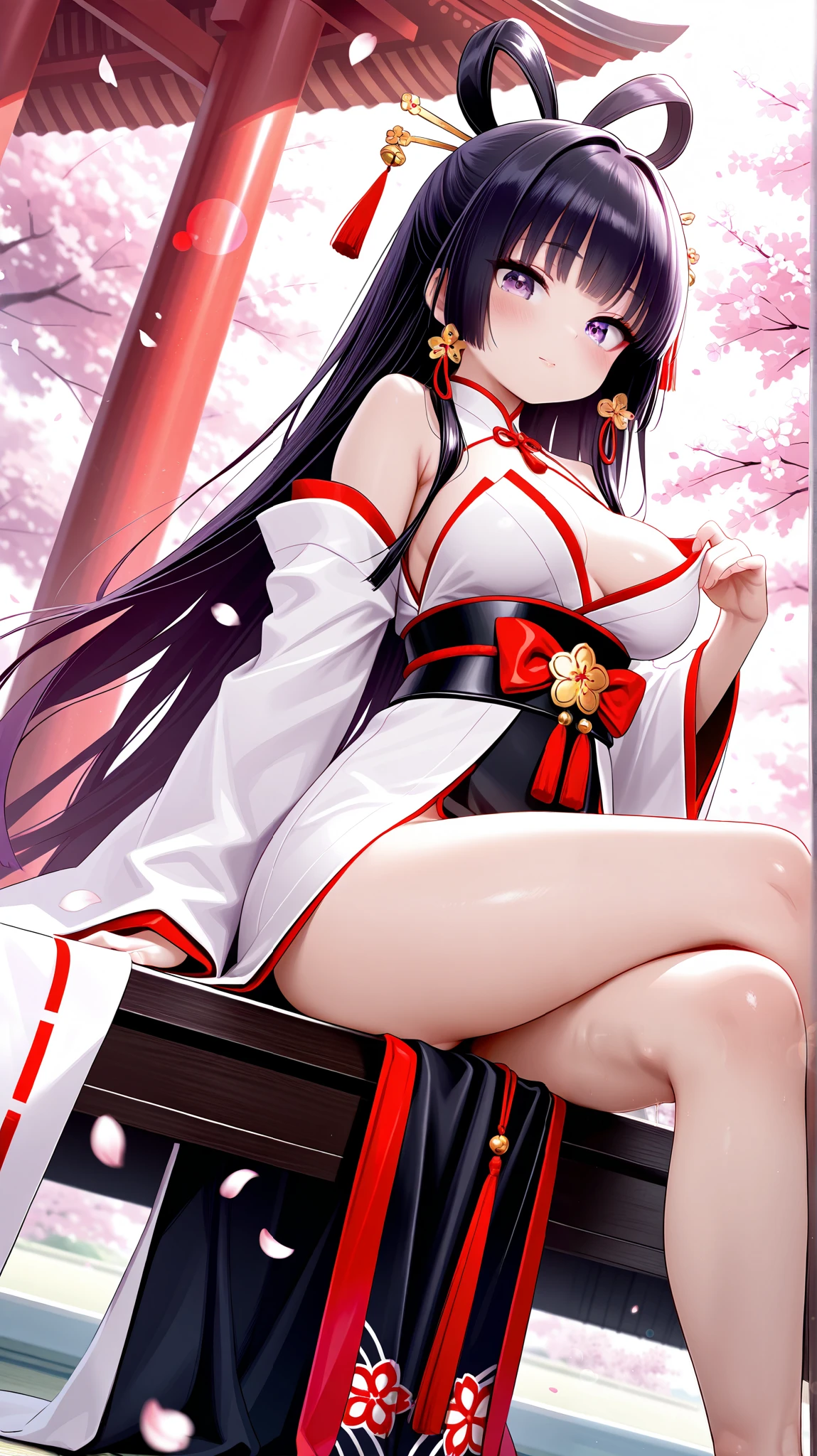 masterpiece, best quality, 1girl, yellow eyes, medium hair, stairs, cherry blossoms, temple, nezuko kamado, demon girl, big butt, bubble butt, white panties, pink kimono