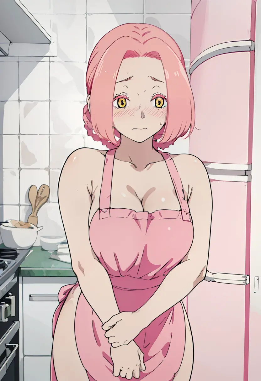 1girl, solo, nakano nino, pink hair, butterfly hair ornament, (naked:1.3), (white apron), large breasts, cleavage, thighs, cafe background, (blushing:1.3)