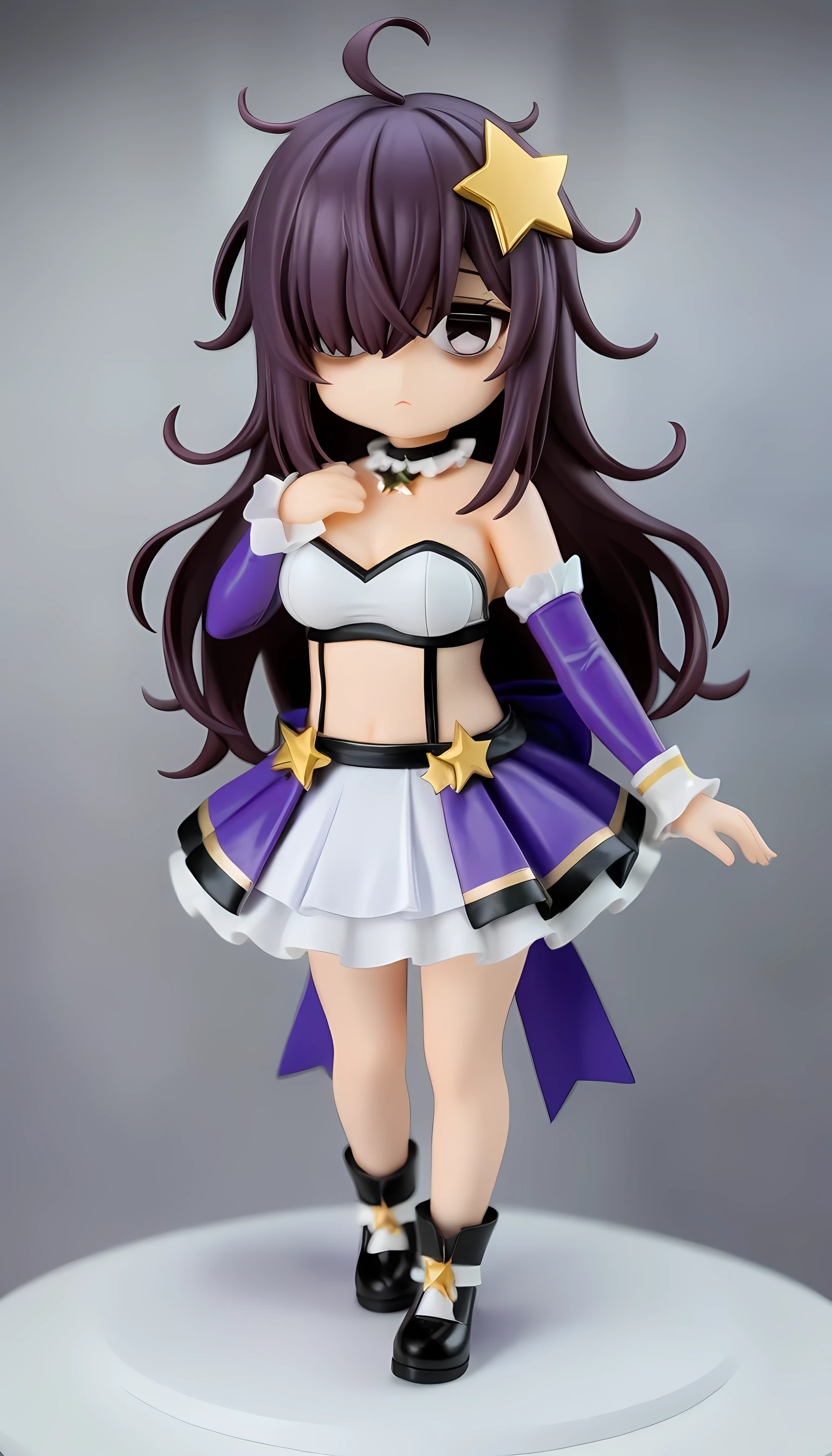 (masterpiece, best quality, amazing quality, very aesthetic, absurdres, newest:1), masterpiece,best quality,amazing quality, pvc style , 1girl,long hair,dark purple hair, ((messy hair)), star hair ornament ,hair over one eye, (hair over right eye),((comic jitome)) , (bags under eyes),:<,expressionless,frill choker, breasts,petite ,(idol uniform ),flare sleeves, brooch on the center chest, full body,pvc pedestal