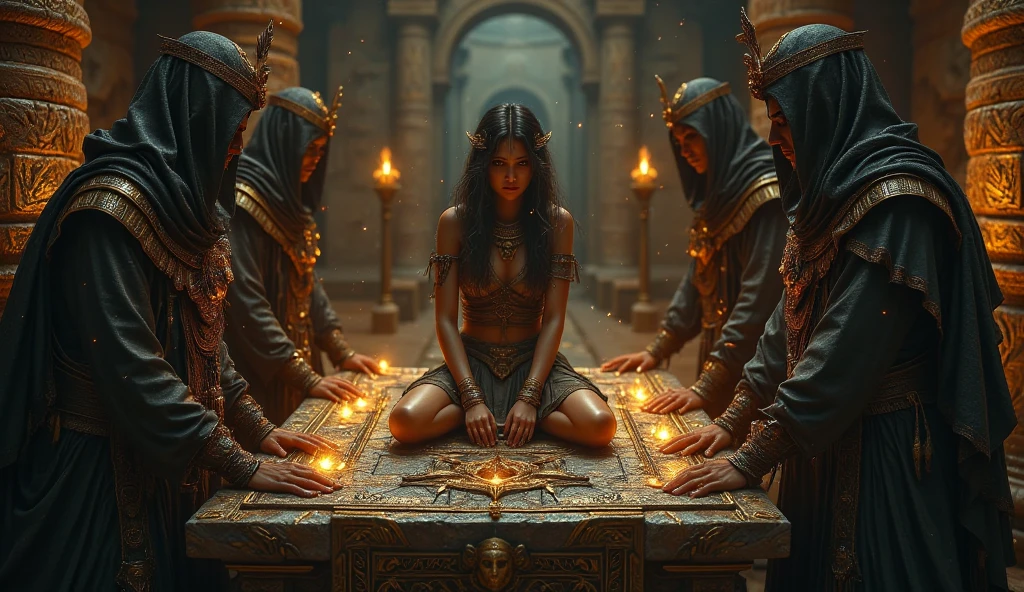 Ultra-detailed young tantric priestess with tattoos and percings and an ironman mask mixing music in a Hindu temple next to a photorealistic Buddha statue --auto