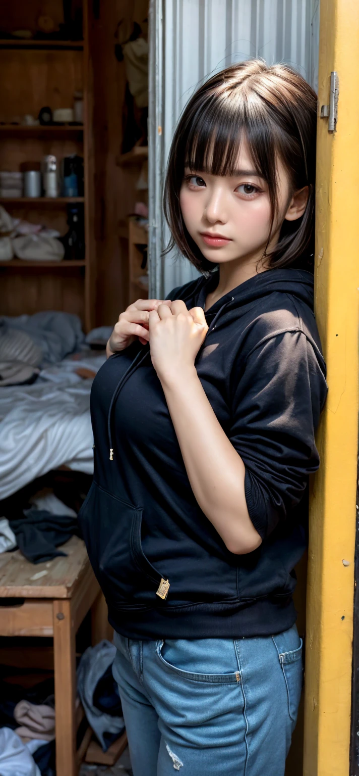 8k, best quality, masterpiece, realistic, ultra detail, photo realistic, hyper realistic, smoother lighting, increase cinematic lighting quality, realistic lighting, backlighting, brightening light, Increase quality, best quality real texture skin,
close-up, slender, cute face, smile, beautiful details eyes, 19years old korean, pretty, Drill hair with electric blue color, hood,