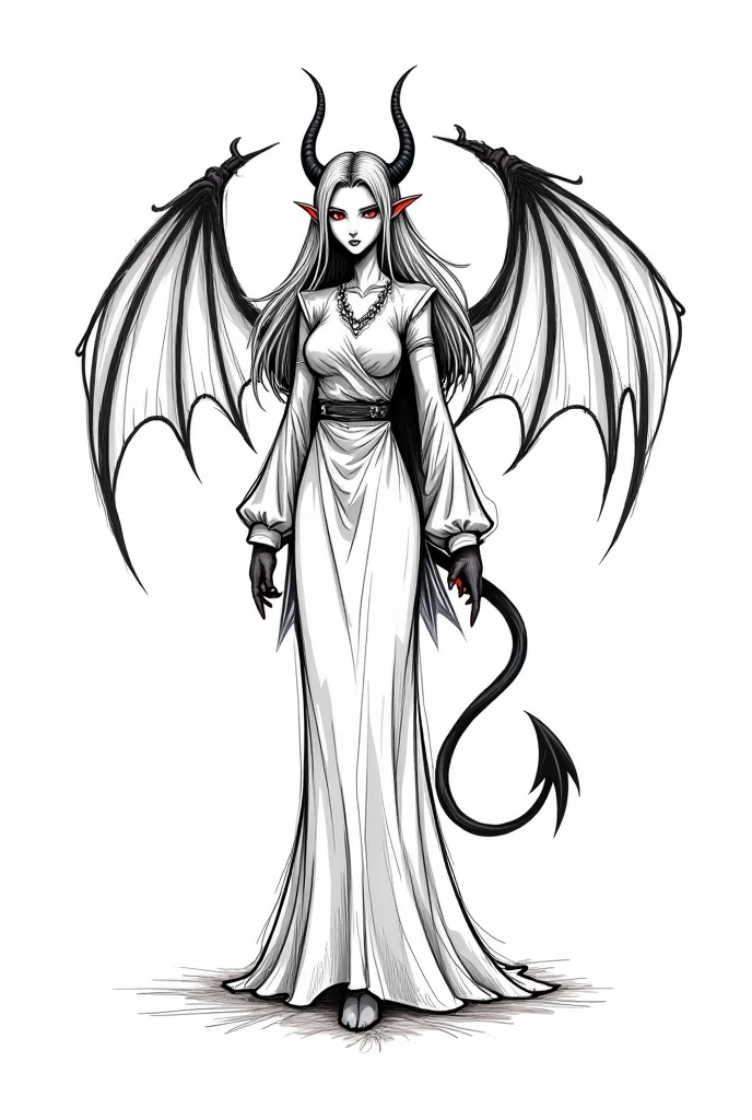 Sexy goth demon girl, coloring page, black and white, white background