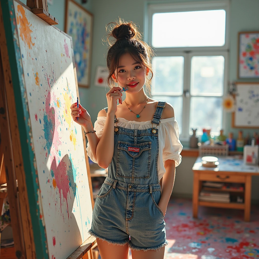 1. Young female artist (ethnicity: Middle-Eastern, age: 20s) in a bright art studio (setting: spacious, natural light). She's wearing a paint-splattered apron (fabric: canvas) over casual clothes, her hair in a relaxed bun, with minimal makeup. She's painting a large canvas (style: abstract, vibrant), her pose expressive and immersed in creativity.