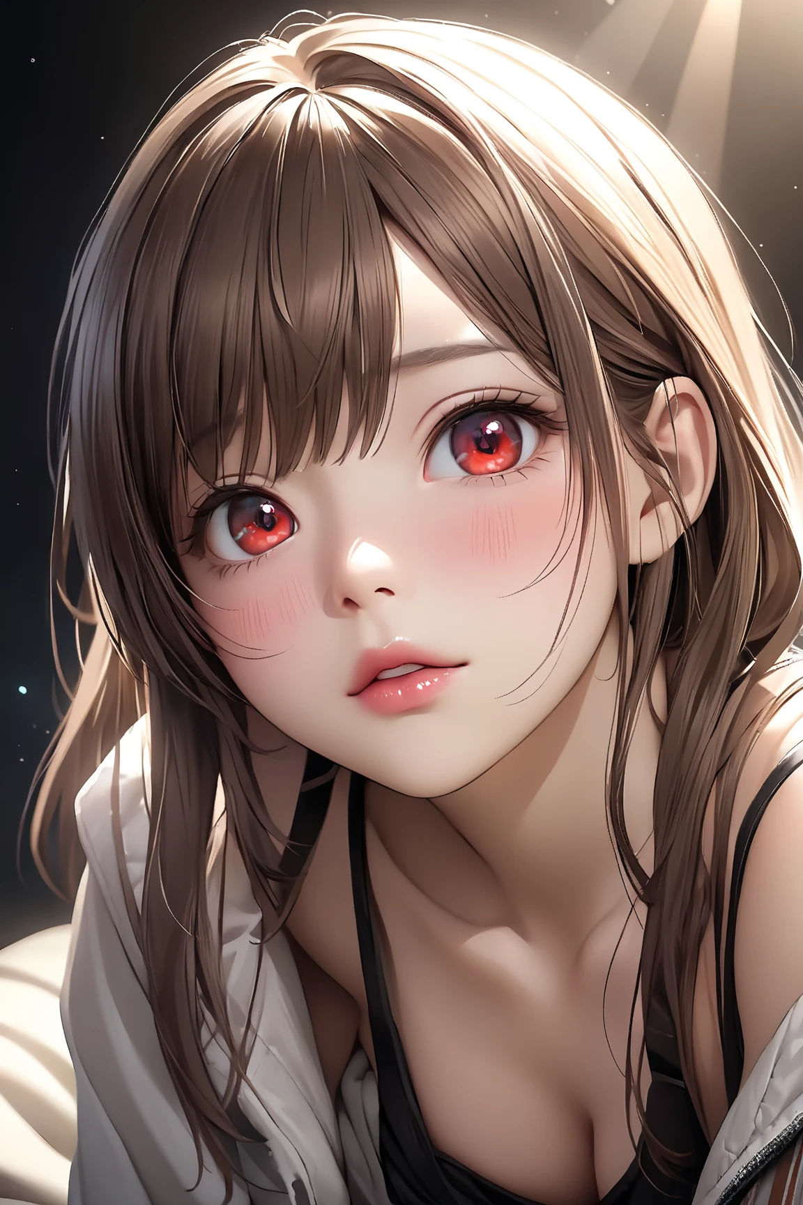 , fille sexy aux yeux marrons, ultra réaliste, Méticuleusement détaillé, portrait , cheveux bruns et grands yeux, selfie d&#39;une jeune femme,  maquillage naturel, regarder directement la caméra,, maquillage subtil, superbe photo de tout le corps à genoux sur le lit, dans la chambre, Buste de taille moyenne à grande