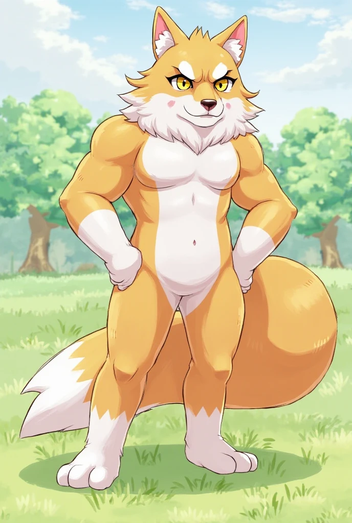 Femboy, white long hair, gigantic muscular body, fox ears, 9 fluffy tails, fox paws, gigantic erect penis with big balls, 4 arms, full body.