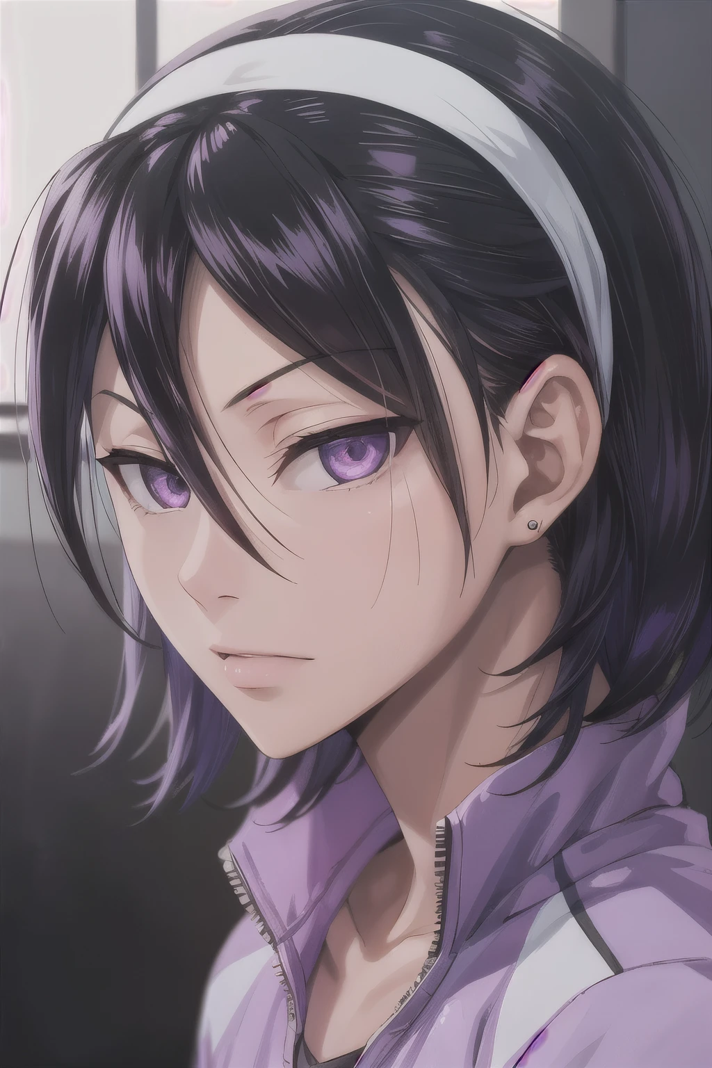photorealistic, (4k), depth of field, (Masterpiece), (realistic skin texture), extremely detailed, intricate, hyper detailed, high resolution, professional photography, , depth of field, sharp detail, best quality, looking at viewer, 1boy, solo, male focus, jinpachi_toudou, black hair, purple eyes, hair between eyes