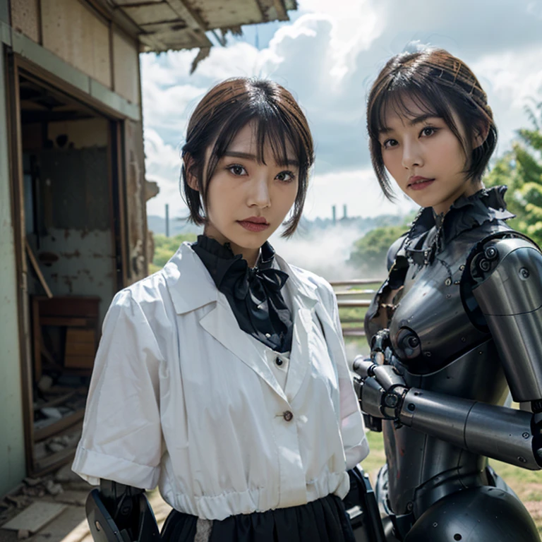 Highest quality,Very sophisticated beautiful Japanese cyborg girl, Dynamic pose in front of the destroyed low-rise buildings of Kyoto city、 Bionic body with futuristic details. (Dynamic pose in front of the destroyed low-rise buildings of the old Kyoto cityscape. Highly detailed cyborg, Bionic body with futuristic details.)