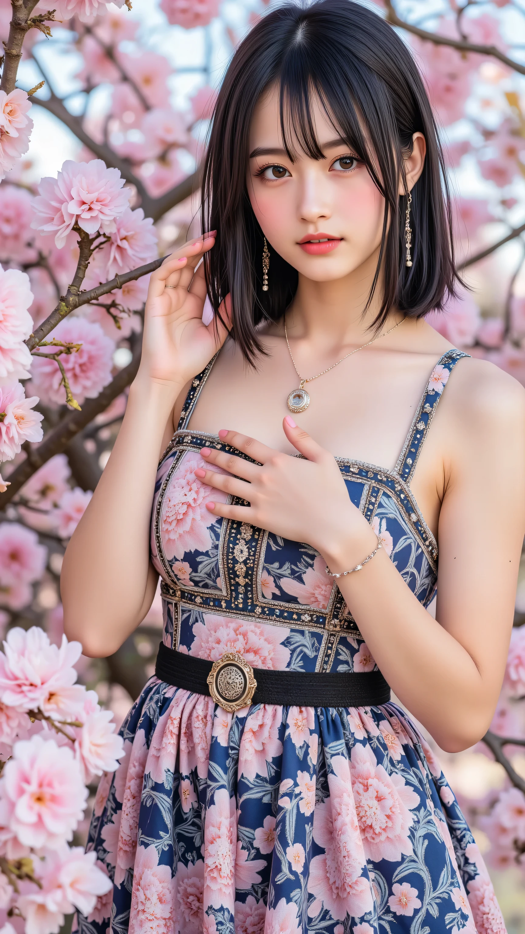 2人のの接写セルフィー, 彼女たちの顔と上半身に焦点を当てている, 春の明るい日差しの中、満開の桜の木の下で撮影されました. 彼女たちは、レースのフリルと金の刺繍が施されたエレガントなミッドナイトブルーのドレスを着ています, 短いパフスリーブと複雑なレースのトリムが特徴です. 彼女たちのドレスは大きな宝石のネックレスで飾られており, そしてそれぞれが繊細なレースのチョーカーを首に巻いています. 白いレースの手袋が洗練された雰囲気を添えています, そして彼女たちの長い黒髪は肩を通り越して流れ落ちています, バングスでスタイリングされ、桜の髪飾りで飾られています. 茶色の瞳は優しく鑑賞者を見つめています, 優しい笑顔で照らされた彼女たちの顔. 背景は鮮やかなピンクの桜で満たされており, 枝の間から見える澄んだ青い空と共に, そして桜の花びらが優しく舞っている. このシーンはフォトリアリスティックな8Kクオリティで描かれており, 桜の花びらの非常に詳細なテクスチャと共に, ドレスのレース, そして少女たちの長い髪,  はすべて柔らかな自然光に照らされます , 完璧な春の日の本質を捉えている.