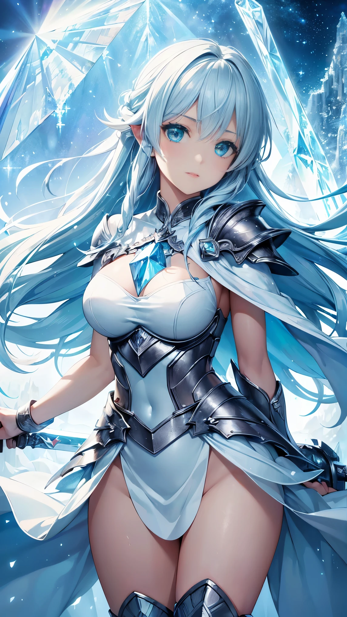 1 Girl, light blue eyes, long blonde hair, locks of hair, bangs, hair details, detailed hair strands, (lights effect on hair), ((white knight armor)), big chest, thick legs, thigh thick, background scenery, in the sky, surrounding fire, ambient detail, ultra detailed