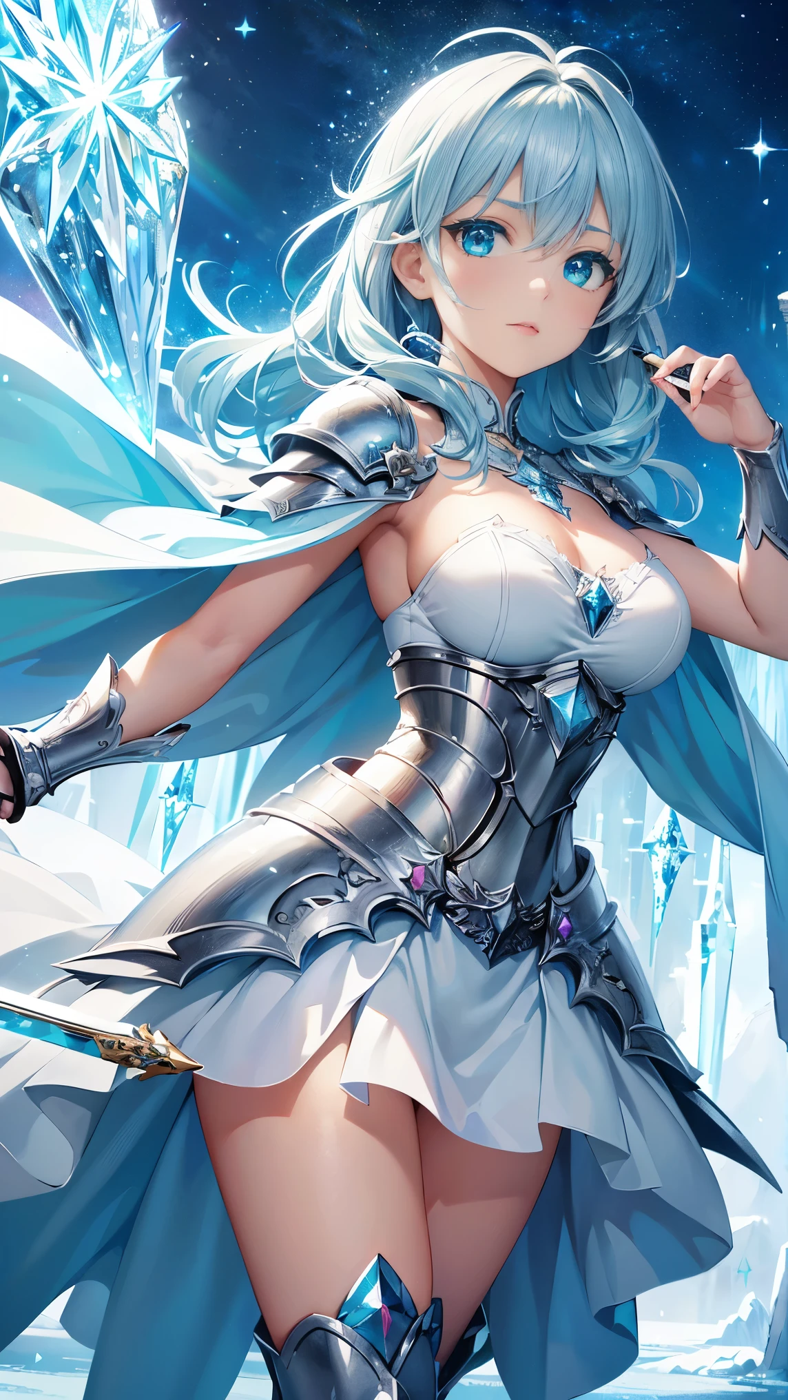 A beautiful woman, ((( ice knight, ice control, ice crystal, armor and clothes and mantle made using ice, ice floatings around, elegance under the sun, movement motion, image look alive))), ((perfect body figure, beautiful face, beautiful face, milf, age 46, royal, soft blue color hair, braid hair style, beautiful skin, Extremely details hair, fine details)), (((cinematic lighting, beautiful lighting effect, creative design, full body frame, divine aura, hard harmony , shining light, perfect color transition, perfect balance of contrast, perfect color layer, perfectly smooth color blur, soft rendering, smooth color stroke, moon glare, optic lens, moonlight ray, soft colors, smooth colors blend, perfect color rendering, harmony, perfect color harmony, beautiful color, soft harmony, light particles, perfect details, intricate details, color prism, fine details, refine details, intricate armor details, fine armor))), Tachibana Omina art style, affectionate eyes, half a smile, slightly open mouth, a gentle expression on his face, serene scenery of beach with water magic performance under the sun, ice crystal, ice crystals floatings around, breeze and sunlight in the background, butterflies in the sky, realism, ((Best quality))),8k,((Masterpiece)),(Extremely refined and beautiful)