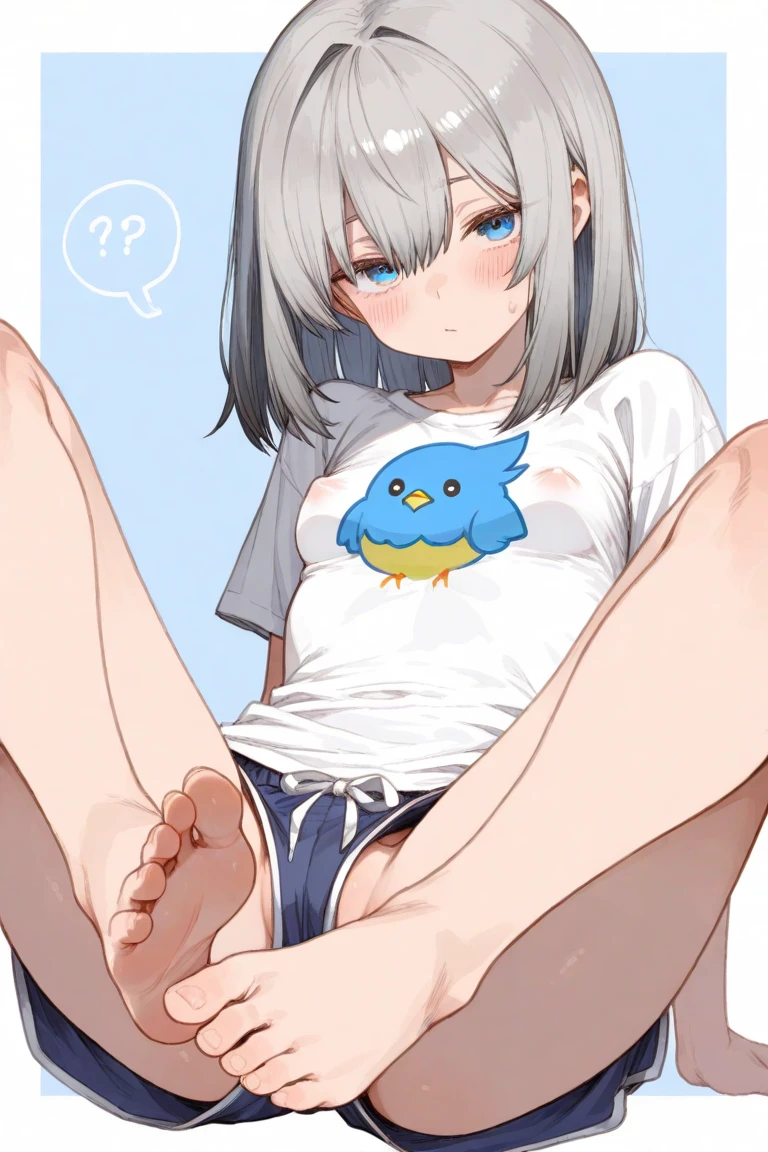 beautiful girl,Anime Face,older sister,Gray Hair,ponytail,steam,(low quality,worst quality:1.4),extra limbs,missing limb,extra digit,fewer digit,missing digit,missing finger,fused fingers,mutated hands and fingers,1girl,sweat,white t-shirt,spread pussy,take off,Jeans,Open legs wide,embarrassed