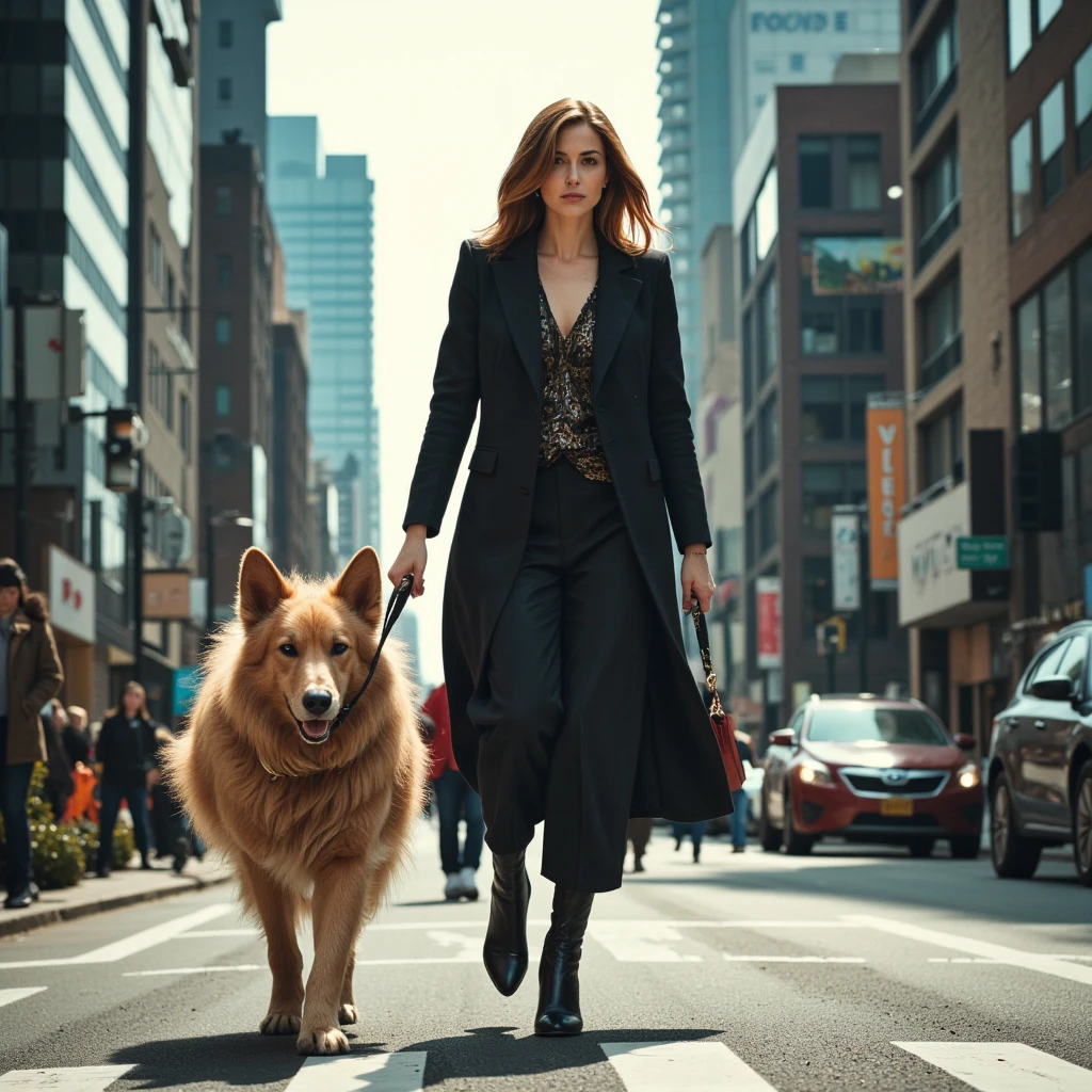 chica famosa con Brown hair saliendo a pasear a su perro golden, Brown hair, with paparazzi around realistic

