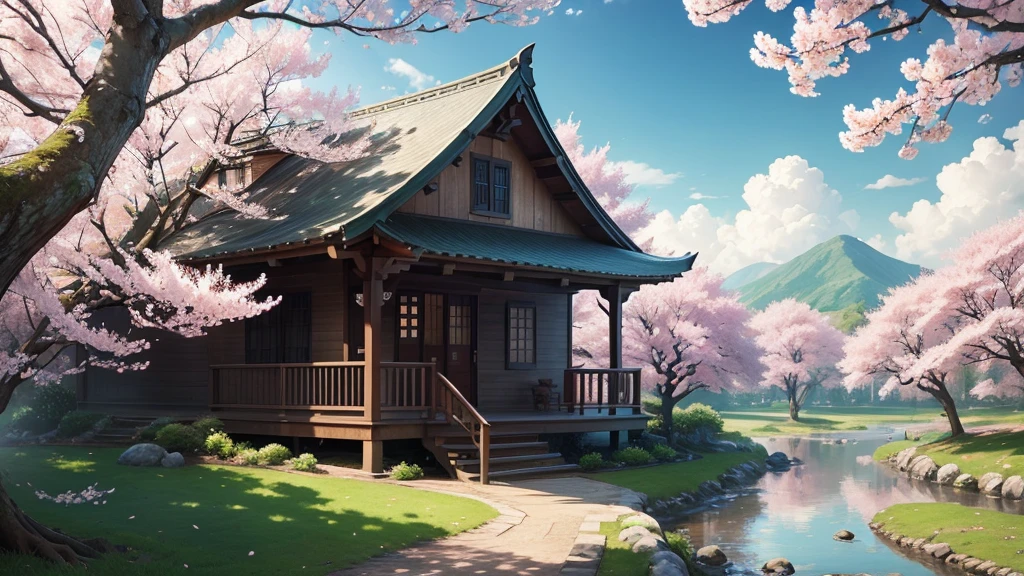 best quality、masterpiece、 Landscape、beautiful scenery、cherry blossoms in full bloom、 petals、4K、PHOTO REALISTIC、real、Professional、vivid color、Bokeh、Delicate wood texture、soft light、Green leaves、 Compa、 clear sky、 White Clouds 