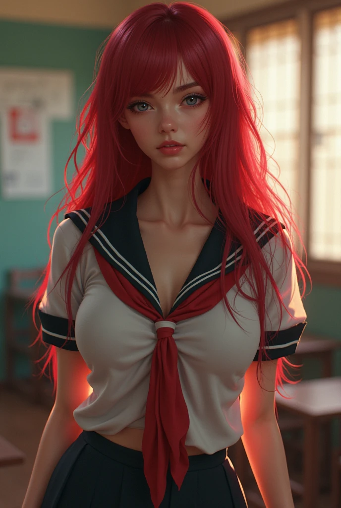 high resolusion, ultrasharp, 8k, obra maestra, erza fairy tail, schoolwear, tetas medianasy sexys, perfil, apoyada en la mesa, llorando, triste, de perfil, Erotic, bare chest
