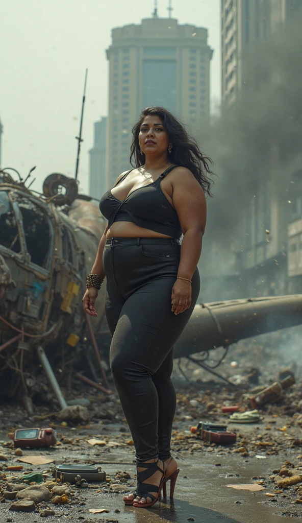 A woman with black hair and a huge belly stands in a destroyed city.