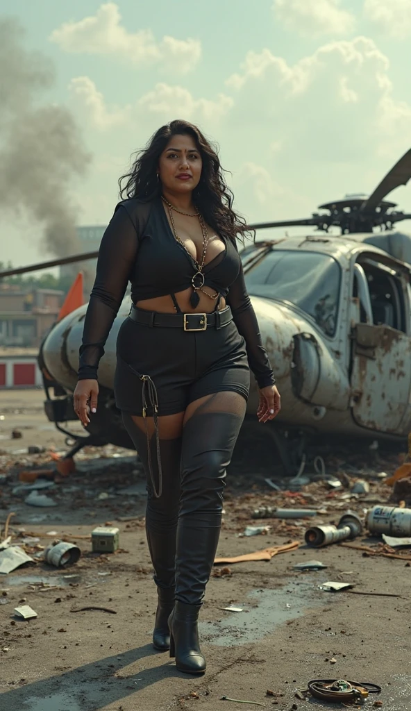 A woman with short brown hair and small breasts wearing black stiletto heels stands next to a black steam locomotive., a lot of smoke, hairy pubis
