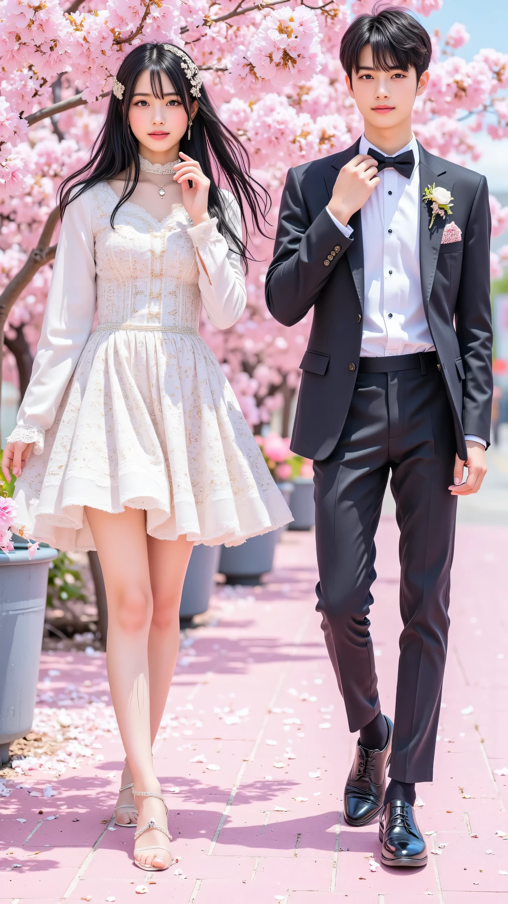 2人の女の子の接写セルフィー, 彼女たちの顔と上半身に焦点を当てている, 春の明るい日差しの中、満開の桜の木の下で撮影されました. 彼女たちは、レースのフリルと金の刺繍が施されたエレガントなミッドナイトブルーのドレスを着ています, 短いパフスリーブと複雑なレースのトリムが特徴です. 彼女たちのドレスは大きな宝石のネックレスで飾られており, そしてそれぞれが繊細なレースのチョーカーを首に巻いています. 白いレースの手袋が洗練された雰囲気を添えています, そして彼女たちの長い黒髪は肩を通り越して流れ落ちています, バングスでスタイリングされ、桜の髪飾りで飾られています. 茶色の瞳は優しく鑑賞者を見つめています, 優しい笑顔で照らされた彼女たちの顔. 背景は鮮やかなピンクの桜で満たされており, 枝の間から見える澄んだ青い空と共に, そして桜の花びらが優しく舞っている. このシーンはフォトリアリスティックな8Kクオリティで描かれており, 桜の花びらの非常に詳細なテクスチャと共に, ドレスのレース, そして少女たちの長い髪, はすべて柔らかな自然光に照らされます , 完璧な春の日の本質を捉えている.