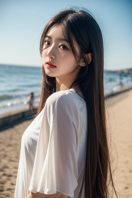 best quality,masterpiece,ultra high resolution,(actual:1.4),original photo,ultra high definition,8k,A perfect young female,in the dark,High picture quality,Black hair,Long hair flowing over the shoulders,Beach wave hairstyle,exquisite face,Hydrated red lips,Real Human,CG rendering,16k,,Close-up shot