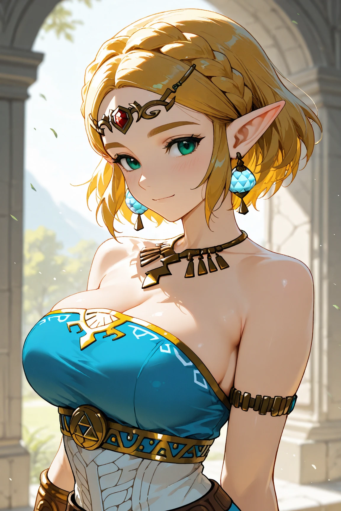 Masterpiece, best quality, 8k, solo, 1girl, princess zelda, short hair, light smile, large breast,