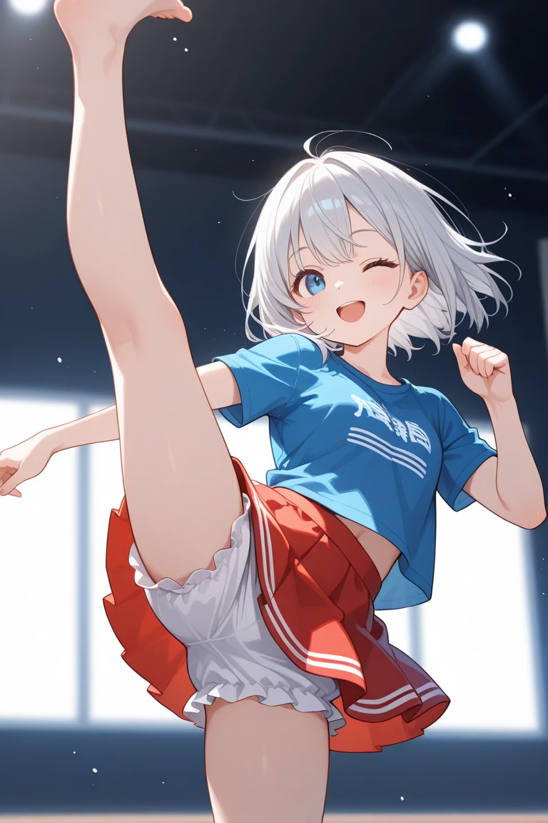 Blue t-shirt, red miniskirt, white bloomer, dance, open legs - SeaArt AI
