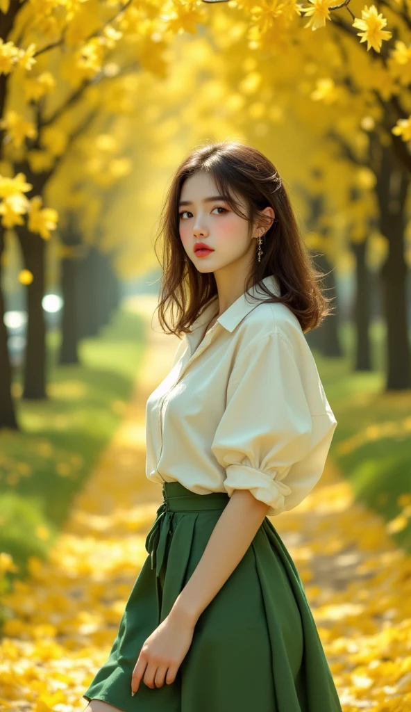 ((realistic, top quality without window, highest resolution, 8k)), ((accurate , accurate body, accurate hands, Accurate feet)), full body photo, A beautiful girl with lovely big , A white shirt with a slight view of the , green skirt, beautiful colored shoes, Forsythia flower , Forsythia flower 이 활짝 핀 거리를 그녀는 걷고 있다, Her gaze is looking at the viewer, ((I'm ashamed and have a red cheek)), She thinks she's happy to be on a date with a viewer, bright natural light, Lovers are walking around